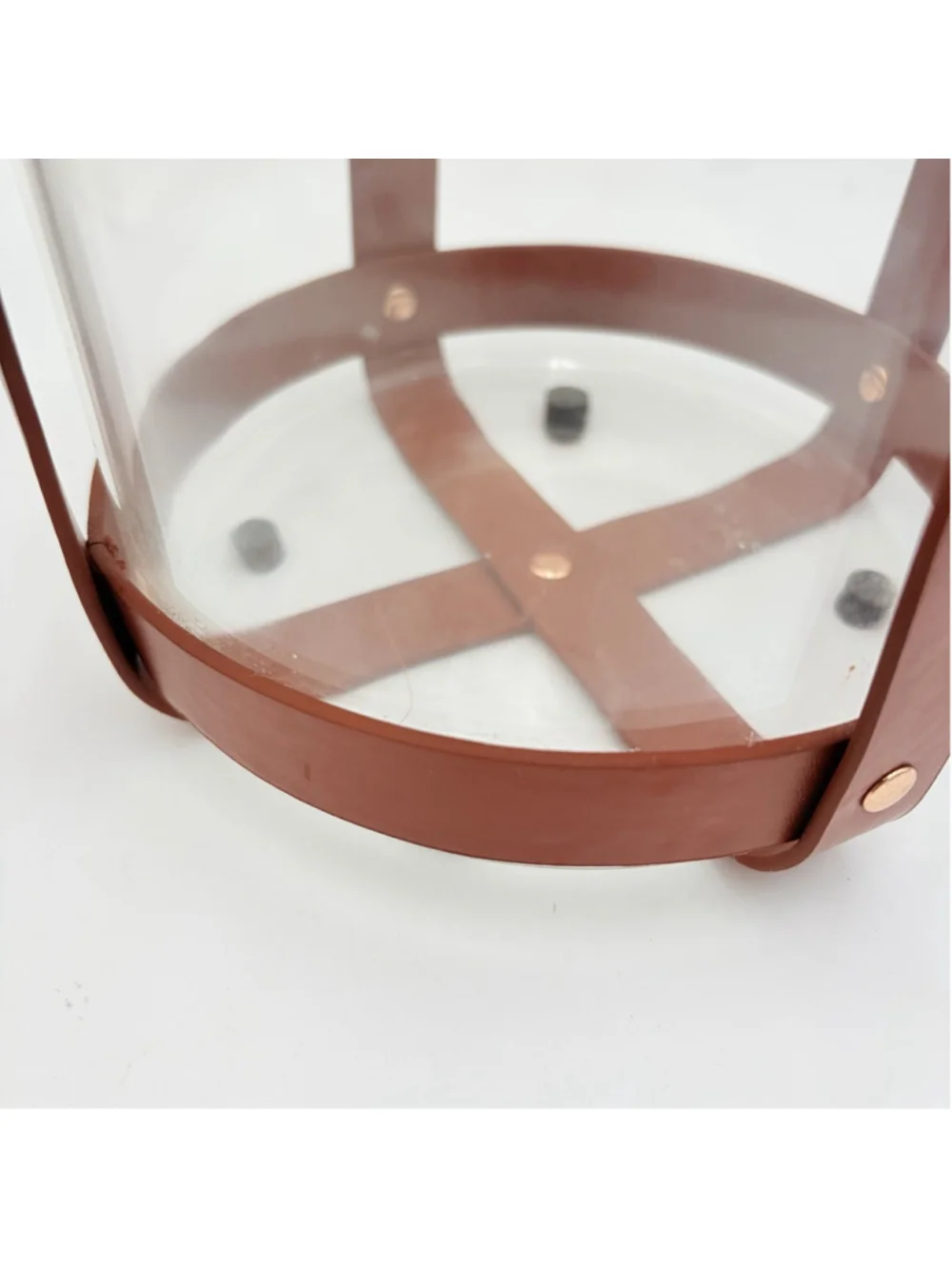Modern Clear Glass Cylinder Vase w/ Brown Leather Harness Strap Gold Tone 10.5”